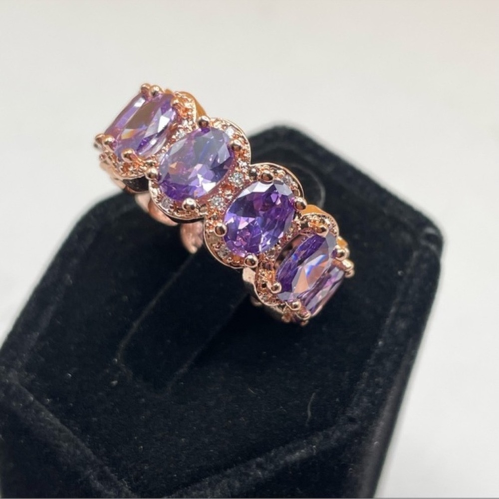 Amethyst Purple CZ Eternity Ring Gold Oval Band Sz 9